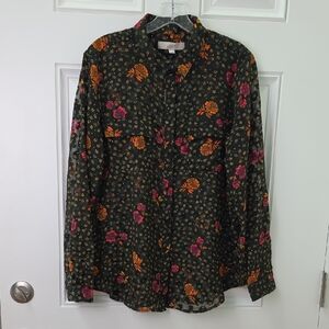 LOFT Brown, Pink and Orange Floral Blouse.  Size Large.  NWT